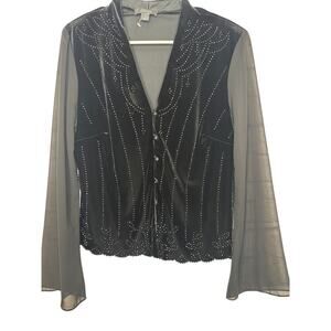 Dress Barn Woman Vintage 90s Black Beaded Button Up Shacket Sheer Sleeves SZ 14